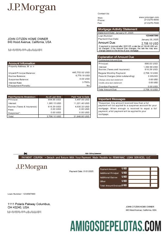 Extrato de hipoteca do JP Morgan Bank dos EUA em formatos Word e PDF modelo